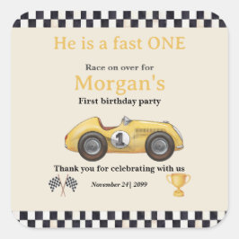 Fast One Yellow Race Car Kinder eerste verjaardag Vierkante Sticker