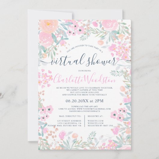 Fastel floral waterverf script virtuele douche kaart (Voorkant)