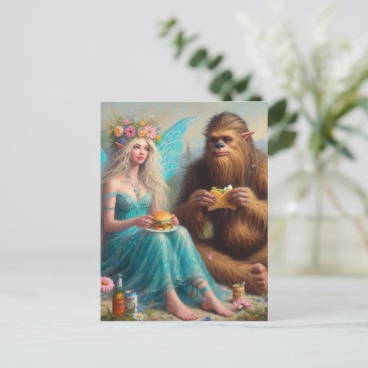 Fastfood avond met Sasquatch en de fee Briefkaart (Staand voorkant)