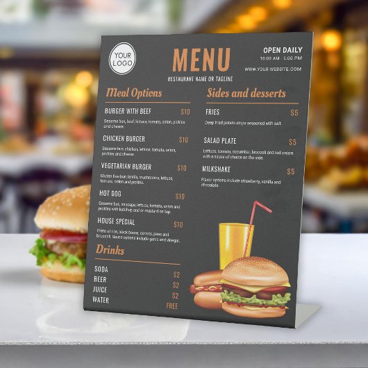 Fastfood hamburger en hot dog food menu prijzen reclamebord met voetstuk