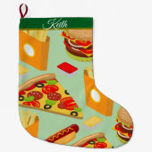 Fastfood thema Kerstmis Pizza Burger Kleurrijk Grote Kerstsok (Voorkant)