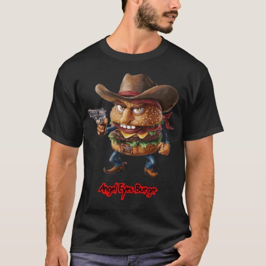 Fastfoodburger op een Zwarte T-shirt (Voorkant)