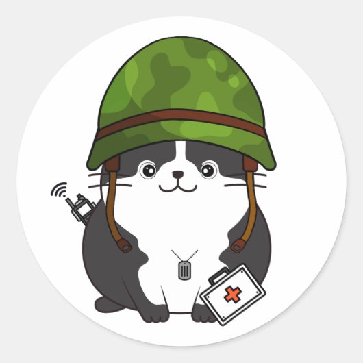 Fat Cat draagt legerhelm Ronde Sticker (Voorkant)