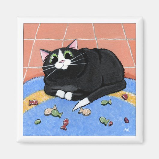 Fat Cat en een tapijt van viskoekjes | Cat Art Magneet (Voorkant)