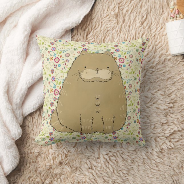 Fat Cat op Folk Art Bloemen Kussen (Deken)