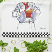 Fat French Chef Caricature Black White Checks Theedoek (Gevouwen)