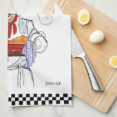 Fat French Chef Caricature Black White Checks Theedoek (Quarter Fold)