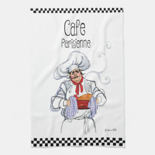 Fat French Chef Caricature Black White Checks Theedoek