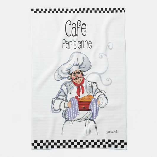 Fat French Chef Caricature Black White Checks Theedoek (Verticaal)