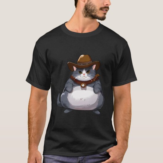 Fat Kitten - Grappige cowboykat T-shirt (Voorkant)