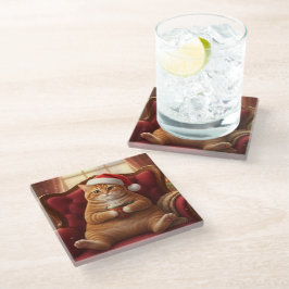 Fat Santa Cat with Hot Chocolate Glass Coaster Glazen Onderzetter