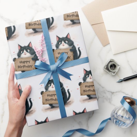 Fat Tuxedo Cartoon Cat met verjaardagsbord Cadeaupapier (Geschenken)