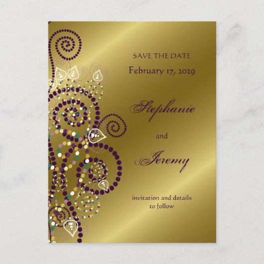 Fatfatin Boho Paarse Spiralen Gold Save The Date Aankondigingskaart (Voorkant)