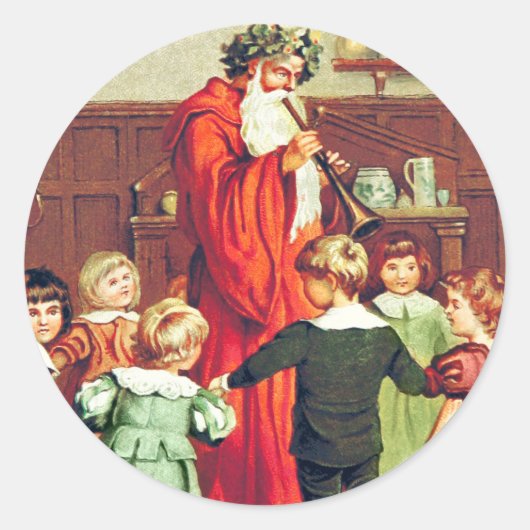 Father Christmas Blowing The Horn Ronde Sticker (Voorkant)