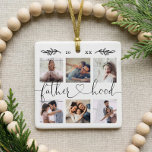 Fatherhood Family Keepomwille Photo Collage Keramisch Ornament<br><div class="desc">Stuur een mooi gepersonaliseerd cadeau naar je vader (vader) dat hij voor altijd zal koesteren. Speciaal gepersonaliseerd ornament voor het samenvoegen van familiefoto's om uw eigen speciale familiefoto's en herinneringen weer te geven. Ons ontwerp is voorzien van een eenvoudig rasterontwerp met zes foto's en een 'vaderschap', ontworpen in een prachtige,...</div>