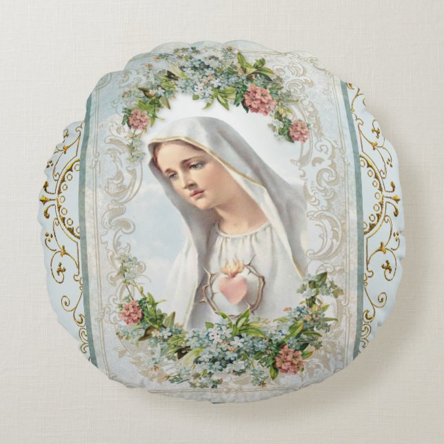 Fatima Blessed Mary katholieke Floral Rond Kussen (Voorkant)