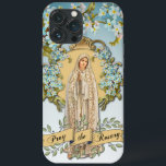 Fatima Virgin Mary Blue Floral Religious Case-Mate iPhone Case<br><div class="desc">Met een prachtig traditioneel katholiek oogstbeeld van de verbijsterde Maagd Mary,  Onze Vrouw van Fatima met blauwe vergeet-me-nots en een gouden banner onder de vlag die PRAY THE ROSARY zegt.</div>