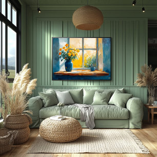 Fauvistische zonovergoten raam met bloemen – warm  poster