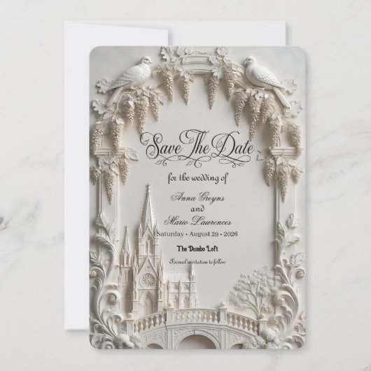 Faux 3D Embossed Relief Cream Baroque Cathedral Save The Date (Voorkant)