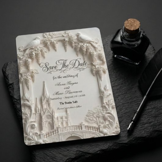 Faux 3D Embossed Relief Cream Baroque Cathedral Save The Date