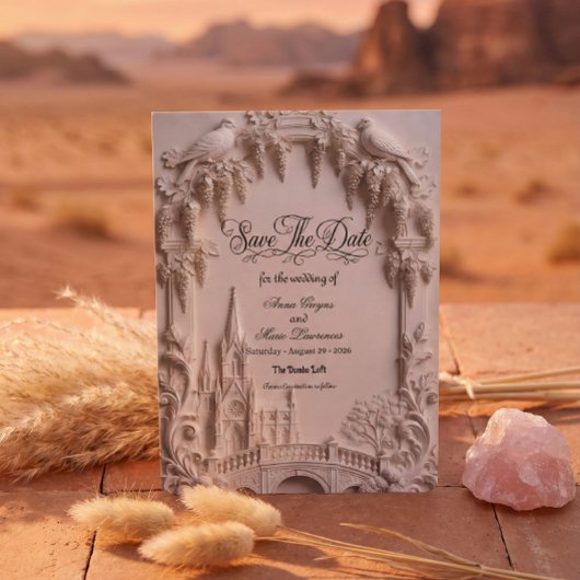 Faux 3D Embossed Relief Cream Baroque Cathedral Save The Date