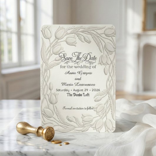 Faux 3D Embossed Tulip Floral Relief Save The Date