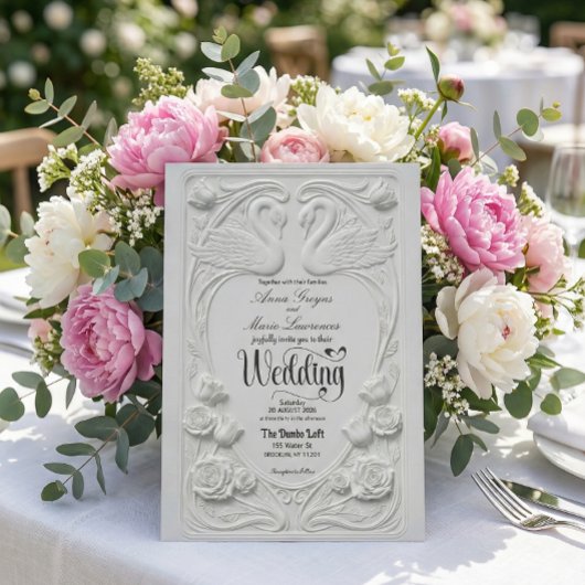 Faux 3D Embossed White Swan Floral Formal Wedding Kaart