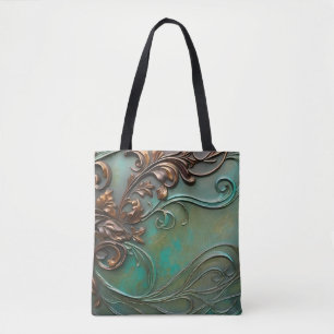 Faux 3D ontwerp blauwgroen en roest bloeit Tote Bag