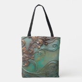 Faux 3D ontwerp blauwgroen en roest bloeit Tote Bag (Achterkant)