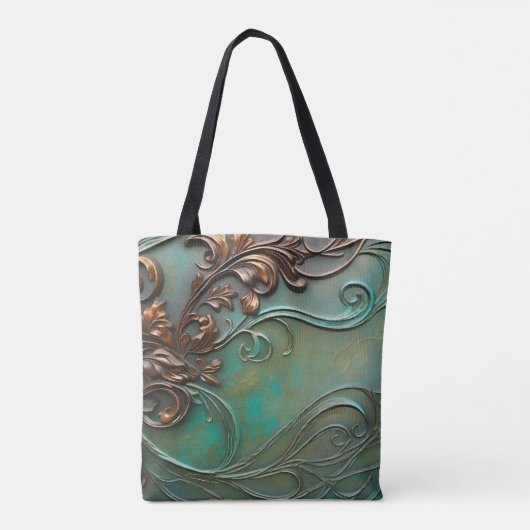 Faux 3D ontwerp blauwgroen en roest bloeit Tote Bag (Achterkant)