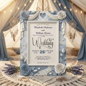 Faux 3D Relief Dusty Blue Floral Wedding  Kaart