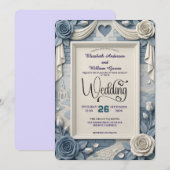Faux 3D Relief Dusty Blue Floral Wedding Kaart (Voorkant / Achterkant)