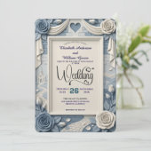 Faux 3D Relief Dusty Blue Floral Wedding Kaart (Staand voorkant)