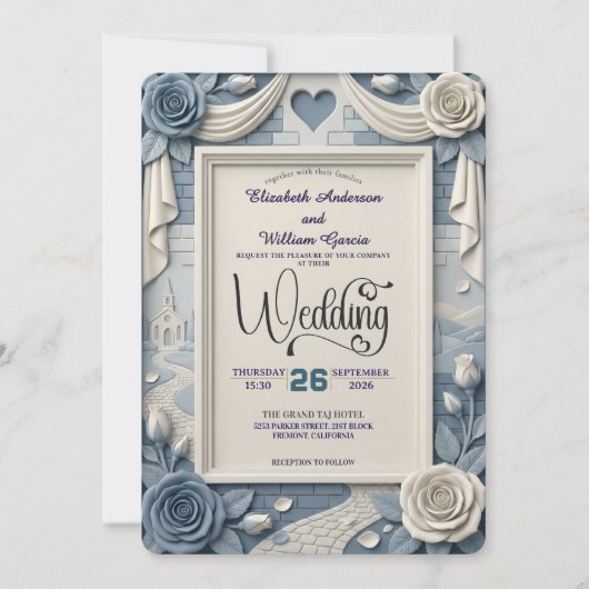 Faux 3D Relief Dusty Blue Floral Wedding Kaart (Voorkant)