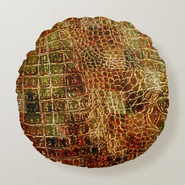 Faux Alligator Animal Skin Leather Red Brown Rond Kussen (Voorkant)