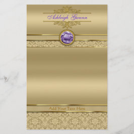 Faux Amethyst Gemstone Shiny Metallic Gold Damask Briefpapier