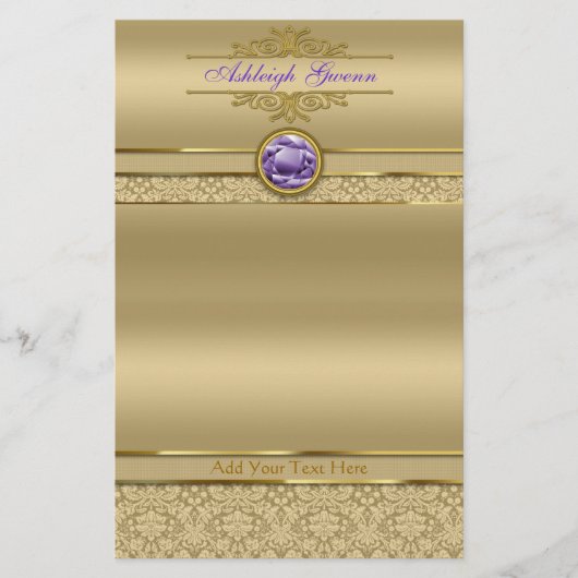 Faux Amethyst Gemstone Shiny Metallic Gold Damask Briefpapier (Voorkant)