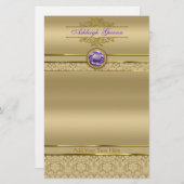 Faux Amethyst Gemstone Shiny Metallic Gold Damask Briefpapier (Voorkant / Achterkant)