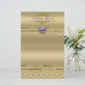 Faux Amethyst Gemstone Shiny Metallic Gold Damask Briefpapier (Staand voorkant)