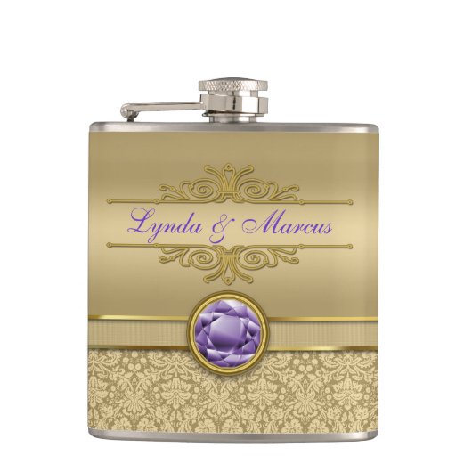 Faux Amethyst Gemstone Shiny Metallic Gold Damask Heupfles (Voorkant)