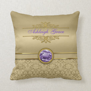 Faux Amethyst Gemstone Shiny Metallic Gold Damask Kussen