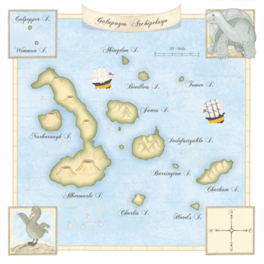 Faux Antiek Galapagos Archipel Kaart met Schepen Sticker (Voorkant)