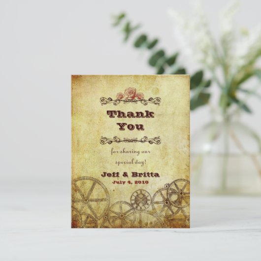 Faux Antiek Gold Victoriaans Steampunk Wedding Bedankkaart (Staand voorkant)