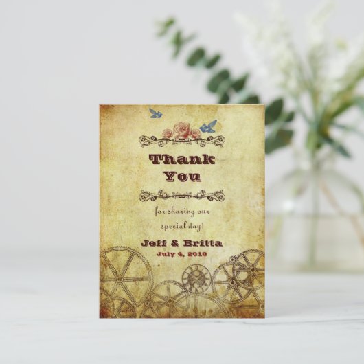 Faux Antiek Gold Victoriaans Steampunk Wedding Bedankkaart (Staand voorkant)
