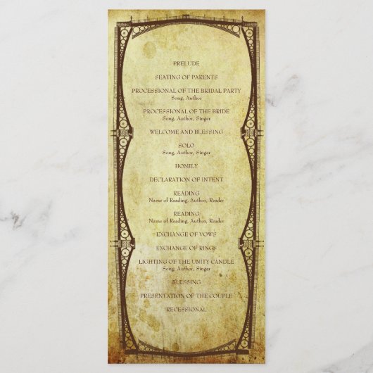 Faux Antiek Gold Victoriaans Steampunk Wedding Programmakaart (Achterkant)