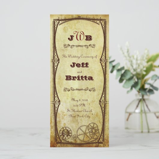 Faux Antiek Gold Victoriaans Steampunk Wedding Programmakaart (Staand voorkant)