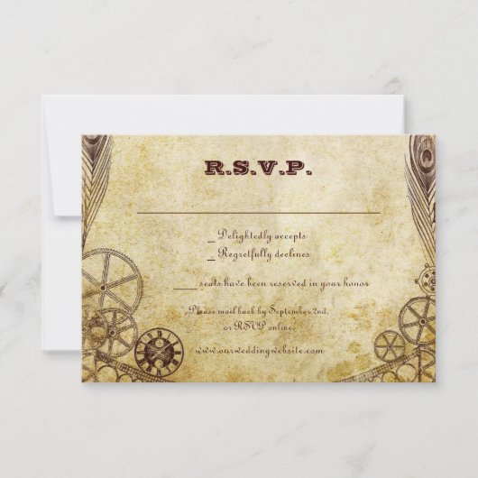 Faux Antiek Gold Victoriaans Steampunk Wedding RSVP Kaartje (Voorkant)