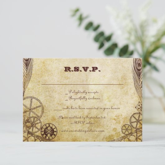 Faux Antiek Gold Victoriaans Steampunk Wedding RSVP Kaartje (Staand voorkant)