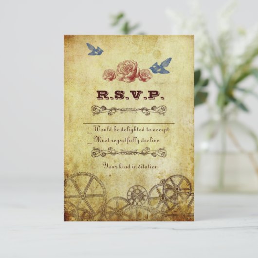 Faux Antiek Gold Victoriaans Steampunk Wedding RSVP Kaartje (Staand voorkant)