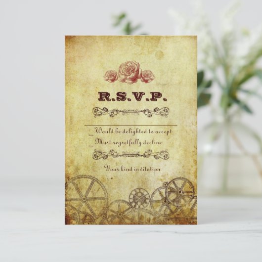Faux Antiek Gold Victoriaans Steampunk Wedding RSVP Kaartje (Staand voorkant)